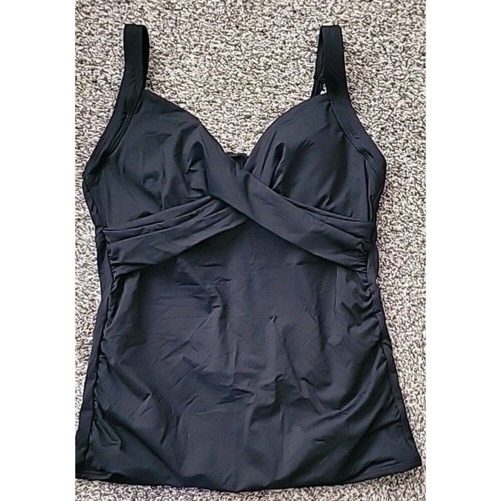 Lands' End Swim Top Black 12L TALL Wrap Front Tankini (M) Solid Underwire S111